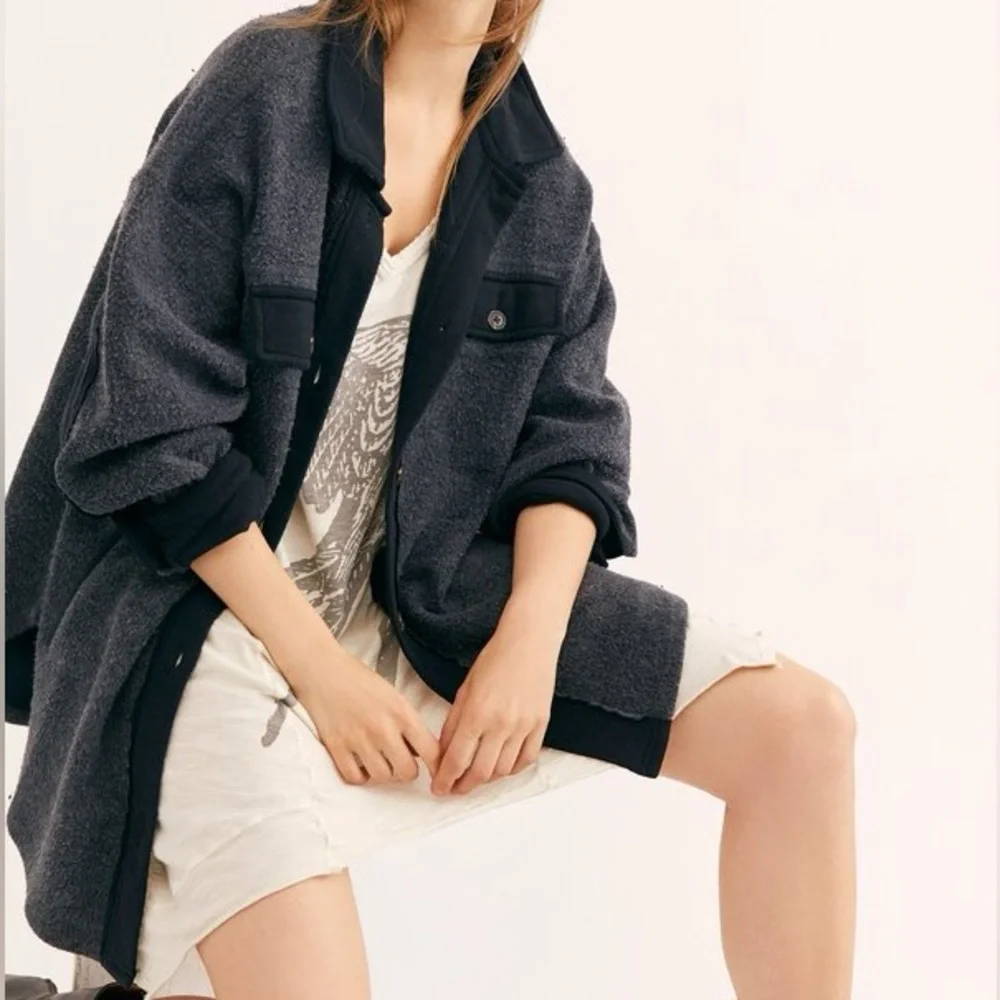 Free People Ruby Jacket Oversized Shacket Fleece Distressed Washed Black Size M - Picture 1 of 9